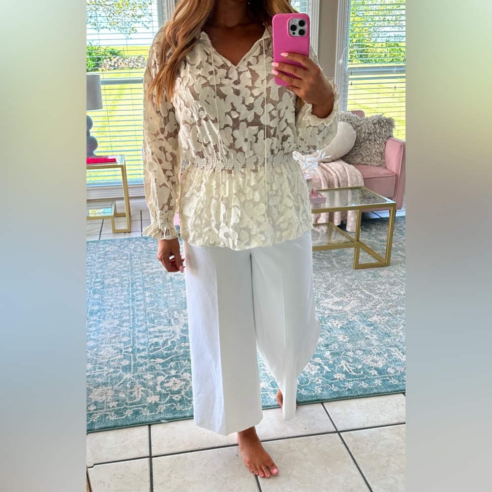 Lace Crochet Floral Top Ivory M Boho